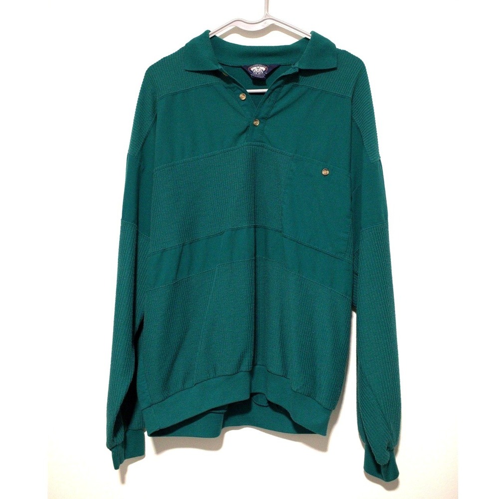 Vintage Knights Bridge Mens Green Ribbed Long Sleeve Polo Shirt Large Retro 90s